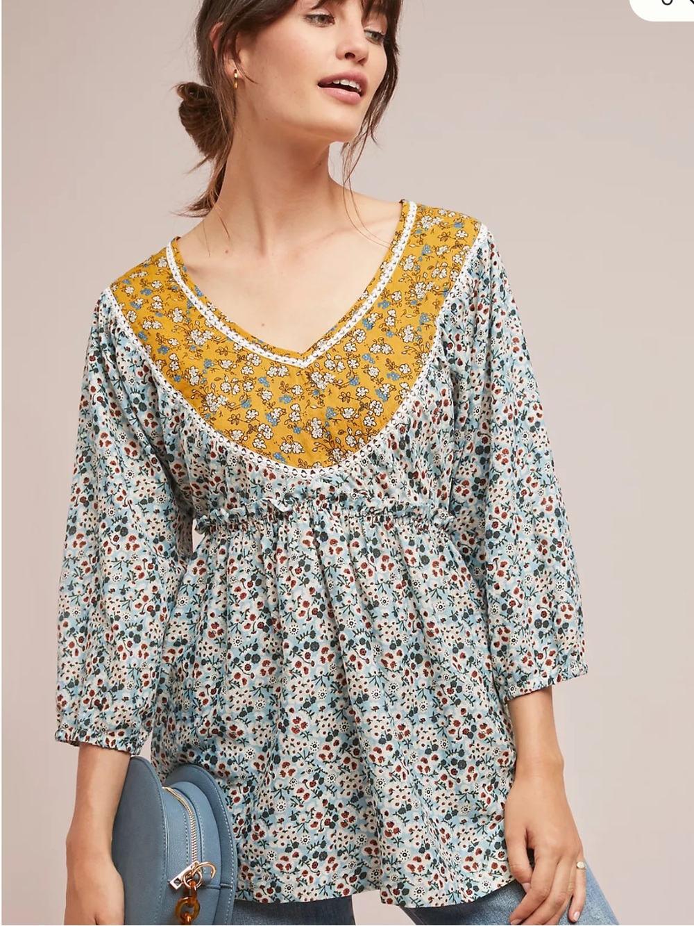 Anthropologie Blue Tassel Vienna Floral Cotton Top in Green and Gold NWOT